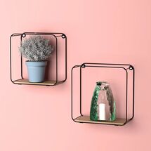 TEKNO-TEL Ράφια Διακοσμητικά 22x10x22cm και 20x10x20cm με Μεταλλικό Σκελετό Μαύρο σε Τετράγωνο Σχήμα και Ξύλινη Βάση