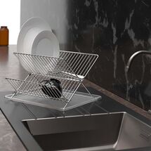 TEKNO-TEL Πιατοθήκη Στεγνωτήριο Πιάτων Αναδιπλούμενο 2όροφο 30x36x21cm Επιχρωμιωμένο Ατσάλι Satin 18 Θέσεις Πιάτων με Δίσκο Διάφανο Πλαστικό