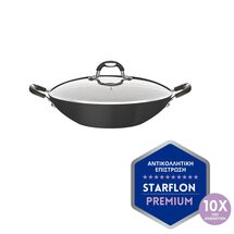TRAMONTINA WOK Τηγάνι Monaco Induction Ø32 με Αντικολλητική επίστρωση Starflon Premium και Γυάλινο Καπάκι - 4.5lt Μαύρο