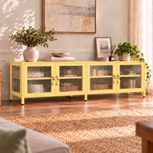 STEELEN COLOR Μεταλλικό Ντουλάπι - Έπιπλο Τηλεόρασης 160x45x55cm Πάχους 0.8mm Εσωτερικού Χώρου Βιτρίνα με Πόδια και Τζάμι Butter Yellow