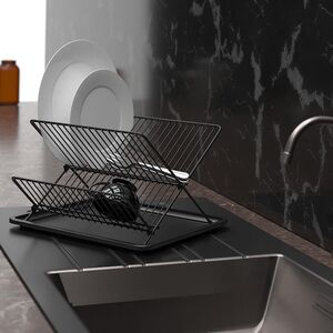 TEKNO-TEL Πιατοθήκη Στεγνωτήριο Πιάτων Αναδιπλούμενο 2όροφο 30x36x21cm Επιχρωμιωμένο Ατσάλι 18 Θέσεις Πιάτων με Δίσκο Πλαστικό Μαύρο Matte