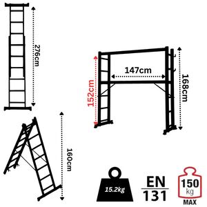 VESTA Σκαλωσιά-Σκάλα Αλουμινίου 2x6 Αναπτυσσόμενη 2.76m Διπλή-Σχήμα ''Λ'' με Βάση Στηρίγματος και Πλατφόρμα Ξύλινη με Αντηρίδες Ασφαλείας 15.2kg