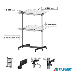 FILPLAST Απλώστρα Τηλεσκοπική 79x82.5x120.5cm Τηλεσκοπική 2 Επιπέδων Αλουμινίου με Μεταλλικές Βέργες Τροχήλατη Άπλωμα 30m Βάρος 4.1kg ECO SPACE 30 Ιταλίας