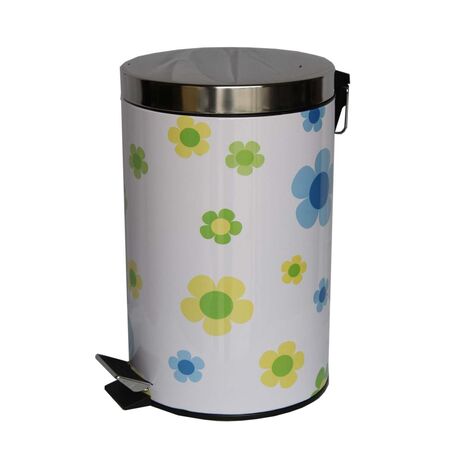 VESTA Κάδος Μεταλλικός με Πεντάλ Ø25x41cm 12lt Κουζίνας με Εσωτερικό Πλαστικό Κάδο Ø25x34cm Λευκός με Πολύχρωμες Μαργαρίτες 2.0Kg