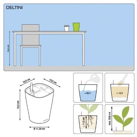LECHUZA Deltini Επιτραπέζια Γλάστρα 15x15x19cm Αυτοποτιζόμενη με Δοχείο Φύτευσης ΑΝΘΡΑΚΙ Γερμανίας iF Product Design Award 2012