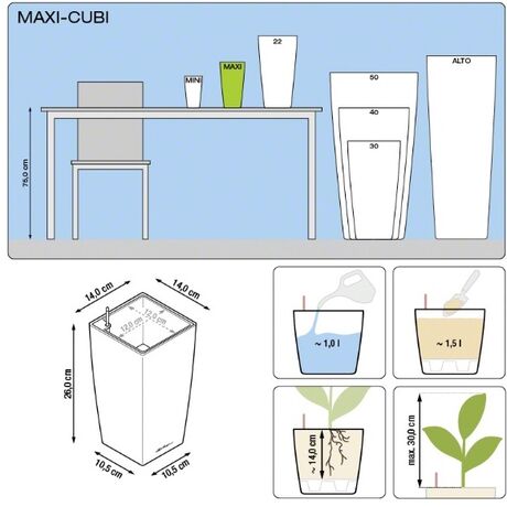 LECHUZA Maxi-Cubi Επιτραπέζια Γλάστρα 14x14x26cm Αυτοποτιζόμενη με Δοχείο Φύτευσης ΛΕΥΚΗ Γερμανίας