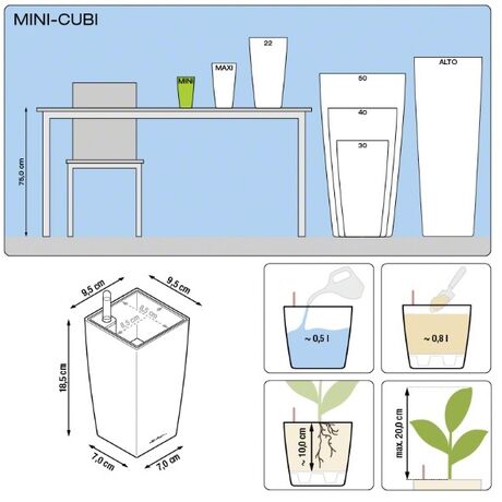 LECHUZA Mini-Cubi Επιτραπέζια Γλάστρα 9.5x9.5x18.5cm Αυτοποτιζόμενη με Δοχείο Φύτευσης ΛΙΛΑ Γερμανίας