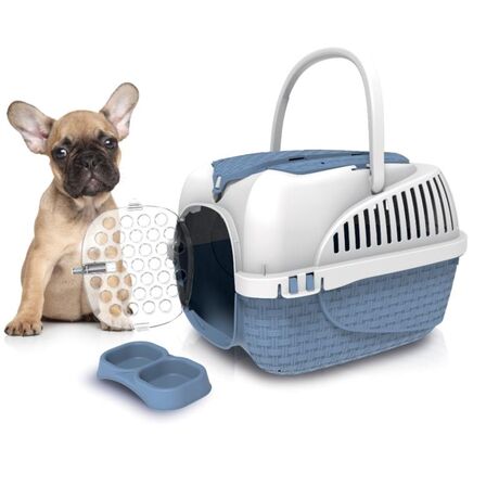 Κλουβί Μεταφοράς Κατοικιδίου 59x38x37cm με Χώρο Αποθήκευσης και Υποδοχές για Ιμάντες Πρόσδεσης σε Κάθισμα Μπλε-Λευκό MAXY TOUR BAMA Ιταλίας