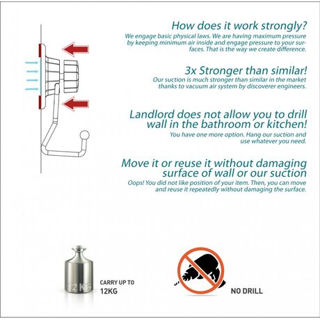 TEKNO-TEL Πετσετοθήκη 47x5x10cm Πάχος Ø7mm Αντοχή 12kg Επιχρωμιωμένο Ατσάλι με Βεντούζα EXTRA STRONG