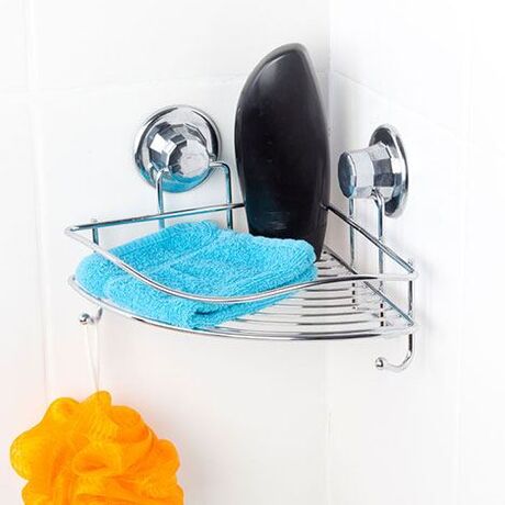 TEKNO-TEL Γωνιακή Ραφιέρα Μπάνιου 29x21x16cm Πάχος 7mm Αντοχή 12kg Επιχρωμιωμένο Ατσάλι με Βεντούζα EXTRA STRONG