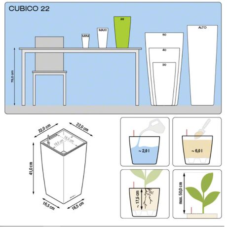 LECHUZA CUBICO 22 Premium Επιτραπέζια Γλάστρα 22x22x41cm Αυτοποτιζόμενη με Δοχείο Φύτευσης Λευκή Γυαλιστερή Γερμανίας