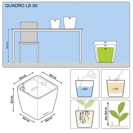 LECHUZA QUADRO 35 LS Premium Επιδαπέδια Γλάστρα 35.5x35.5x32.5cm ΑΥΤΟΠΟΤΙΖΟΜΕΝΗ με Δοχείο Φύτευσης Ανθρακί Γυαλιστερή Γερμανίας