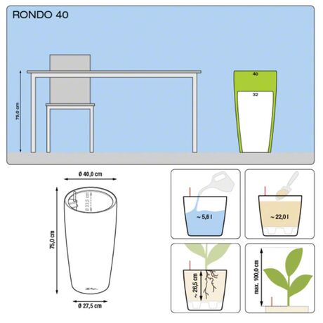 LECHUZA RONDO 40 Premium Επιδαπέδια Γλάστρα Ø40x75cm ΑΥΤΟΠΟΤΙΖΟΜΕΝΗ με Δοχείο Φύτευσης Μαύρη Γυαλιστερή Γερμανίας