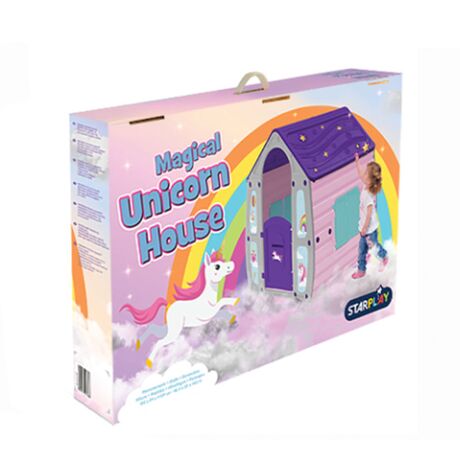 STARPLAY Παιδικό Σπιτάκι Κήπου 102x90x109cm Ροζ-Γκρί με Μωβ Σκεπή UNICORN MAGICAL HOUSE