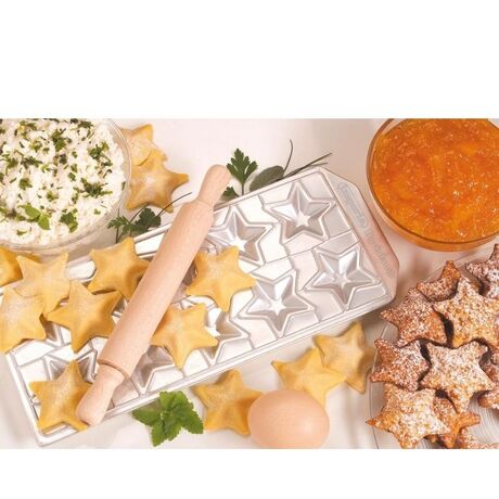 IMPERIA Ιταλίας Raviolamp Φόρμα Design 10 θέσεων Αλουμινίου Ασημί για Ζυμαρικά Stelline 32x14x1.5cm και Ξύλινος Πλάστης