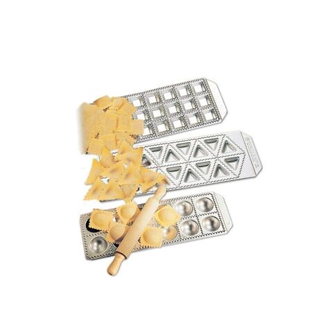 IMPERIA Ιταλίας Raviolamp Φόρμα Design 18 θέσεων Αλουμινίου Ασημί για Τριγωνικά Ζυμαρικά Tortelli Classici 33.5x11.5x2cm και Ξύλινος Πλάστης