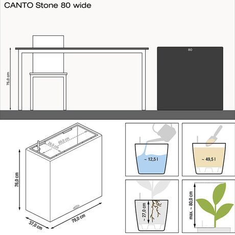 LECHUZA Canto WIDE 80 Επιδαπέδια Γλάστρα 79x37x76cm Αυτοποτιζόμενη Μαύρο του Γραφίτη Όψη Φυσική Πέτρα Γερμανίας