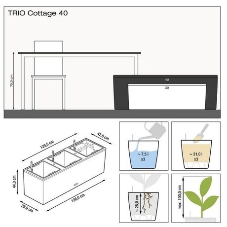 LECHUZA Trio 40 Cottage Ζαρντινιέρα 129.5x42x44cm Αυτοποτιζόμενη με 3 Κάδους Φύτευσης Light Grey RATTAN Γερμανίας