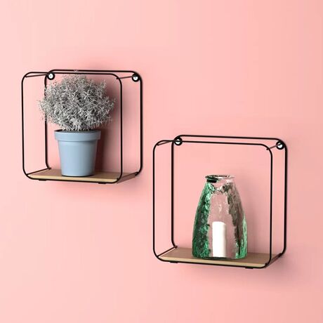 TEKNO-TEL Ράφια Διακοσμητικά 22x10x22cm και 20x10x20cm με Μεταλλικό Σκελετό Μαύρο σε Τετράγωνο Σχήμα και Ξύλινη Βάση