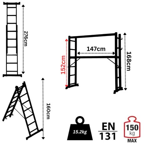 VESTA Σκαλωσιά-Σκάλα Αλουμινίου 2x6 Αναπτυσσόμενη 2.76m Διπλή-Σχήμα ''Λ'' με Βάση Στηρίγματος και Πλατφόρμα Ξύλινη με Αντηρίδες Ασφαλείας 15.2kg