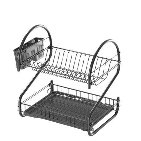 TEKNO-TEL Πιατοθήκη Στεγνωτήριο 2όροφο 46x30x44cm 15 Θέσεις Πιάτων Ανοξείδωτη με Θήκη και Δίσκο Μαύρο