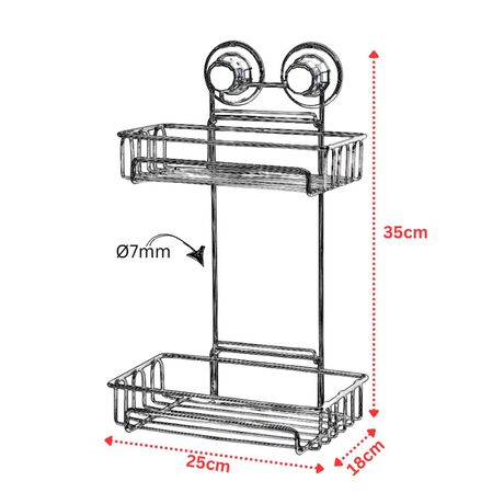TEKNO-TEL Ραφιέρα Μπάνιου 2όροφη 25x18x35cm Πάχος 7mm Αντοχή 12kg Επιχρωμιωμένο Ατσάλι με Βεντούζα EXTRA STRONG