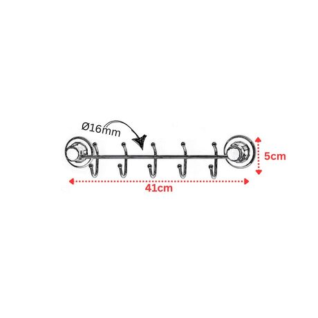 TEKNO-TEL Ράγα Κουζίνας με 5 Γάντζους Μήκος 40cm Ø16cm Επιχρωμιωμένο Ατσάλι με Βεντούζα EXTRA STRONG