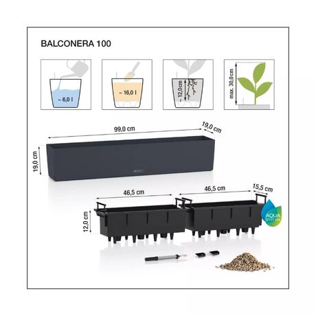 LECHUZA Balconera Cottage 100 Ζαρντινιέρα 100x19x19cm Αυτοποτιζόμενη με 2 Δοχεία Φύτευσης Graphite Black Γερμανίας