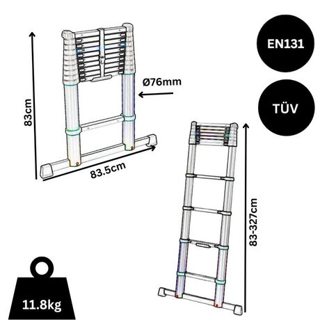 BATAVIA Τηλεσκοπική Σκάλα 3.27m Αλουμινίου με 11 Σκαλιά Βάρος 11.8kg MAX Αντοχή 150kg Πάτημα Σκαλοπατιού 6.5cm GIRAFFE AIR Professional EN131/TÜV
