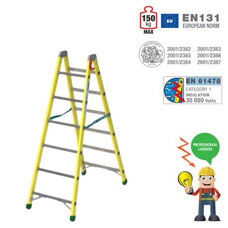 Σκάλα Fiberglass Διπλή-Σχήμα ''Λ'' (6+6) Επαγγελματική Σκαλιά Αλουμινίου Μόνωση ΜΑΧ Ύψος 156.7cm Βάρος 9kg MAX Αντοχή 150kg Πιστοποίηση EN131 TUV EN 61478
