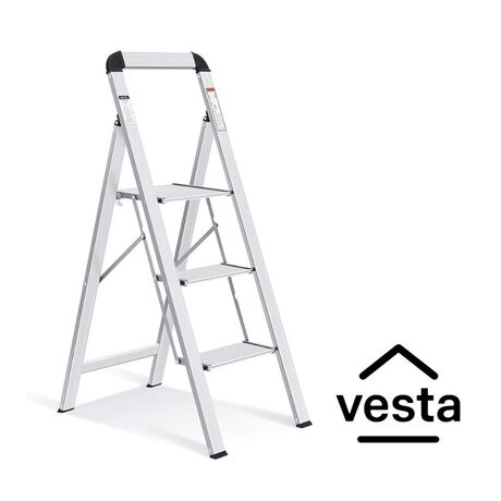 VESTA Σκαλοσκαμπό Αλουμινίου ΤΙΚΟ 39x69.7x109.2cm με 3 Σκαλιά MAX Αντοχή Βάρους 150kg Βάρος 3.2kg Ασημί