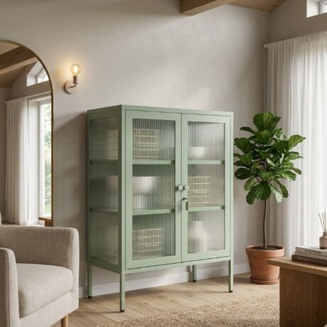 STEELEN COLOR Metal Cabinet 80×40×90 cm, 0.8 mm Thickness, Indoor Use, with Glass and Legs Pastel Green