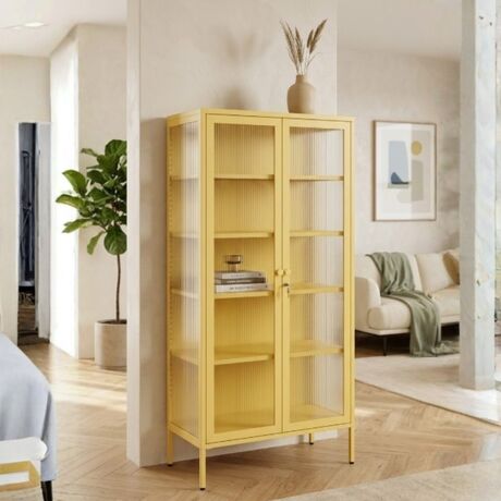 STEELEN COLOR Μεταλλική Ντουλάπα 90x55x190cm Πάχους 0.8mm Εσωτερικού Χώρου με Τζάμι και Πόδια Butter Yellow