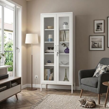 STEELEN COLOR Μεταλλική Ντουλάπα - Βιβλιοθήκη 80x35x190cm Πάχους 0.8mm Εσωτερικού Χώρου με Τζάμι και Πόδια White