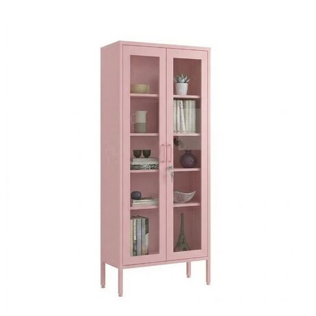 STEELEN COLOR Μεταλλική Ντουλάπα -Βιβλιοθήκη  80x35x190cm Πάχους 0.8mm Εσωτερικού Χώρου με Τζάμι και Πόδια Baby Pink