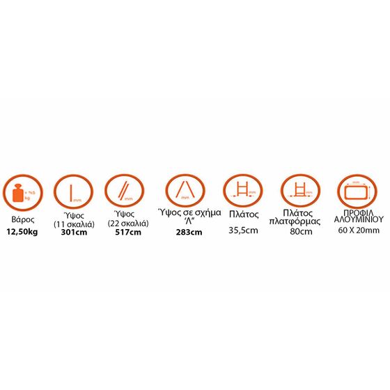 Σκάλα Αλουμινίου 2x11 Σκαλιά Αναπτυσσόμενη 5.17m  Διπλή-Σχήμα ''Λ'' με Βάση Στηρίγματος 12.5kg Αντοχή 150kg