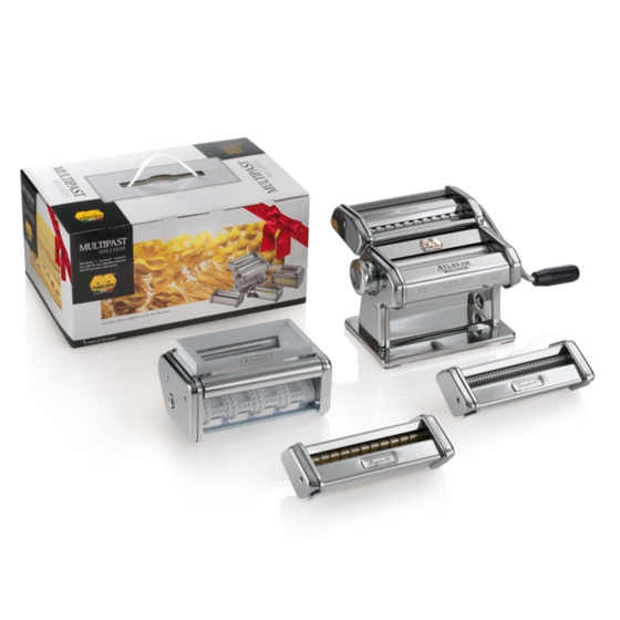 MARCATO Ιταλίας ATLAS150 Classic Σετ Μηχανή Φύλλου και Ζυμαρικών με Αξεσουάρ για Παρασκευή Ζυμαρικών Reginette, Spaghetti και Raviolini MULTIPAST150