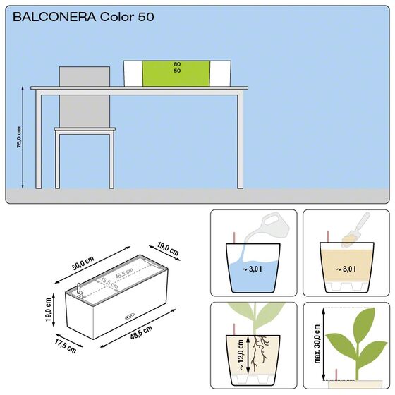 LECHUZA Balconera Color50 Ζαρντινιέρα 50x19x19cm Αυτοποτιζόμενη με Δοχείο Φύτευσης ΑΝΘΡΑΚΙ Γερμανίας