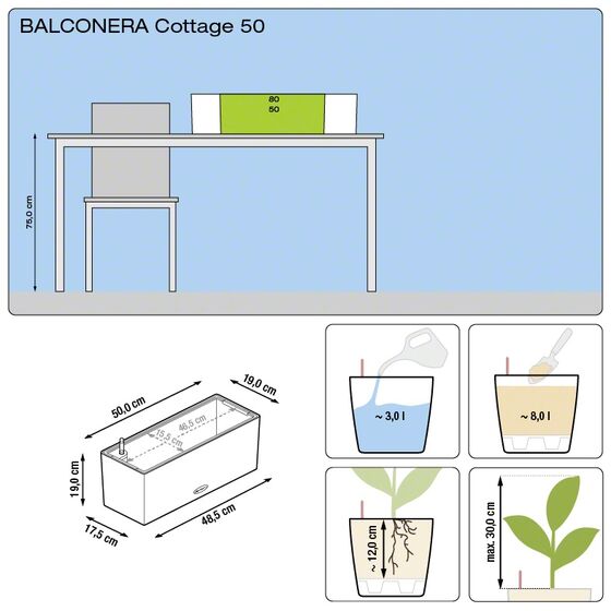 LECHUZA Balconera Cottage50 Ζαρντινιέρα 50x19x19cm Αυτοποτιζόμενη με Δοχείο Φύτευσης ΛΕΥΚΗ Γερμανίας RedDot Award 2010