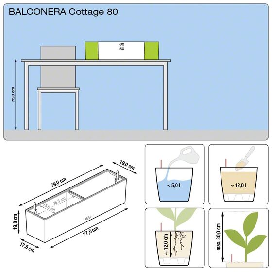 LECHUZA Balconera Cottage80 Ζαρντινιέρα 79x19x19cm Αυτοποτιζόμενη με 2 Δοχεία Φύτευσης ΚΑΦΕ-ΜΟΚΑ Γερμανίας RedDot Award 2010