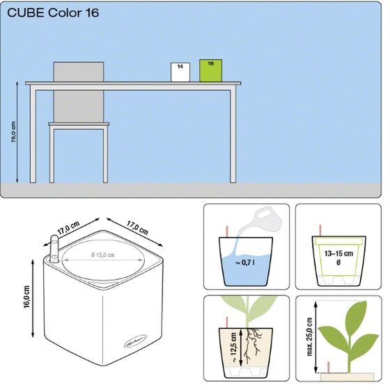 LECHUZA Cube Color16 Επιτραπέζια Γλάστρα 17x17x16cm Αυτοποτιζόμενη με Δοχείο ΑΝΘΡΑΚΙ Γερμανίας RedDot Award 2014German Design Award 2016