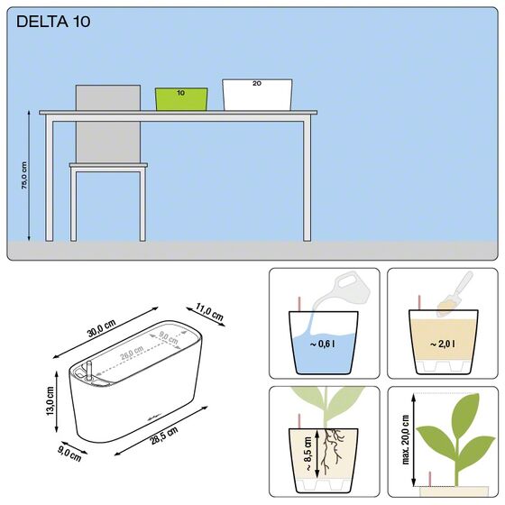 LECHUZA Delta10 Επιτραπέζια Γλάστρα 30x11x13cm Αυτοποτιζόμενη με Δοχείο Φύτευσης ΓΚΡΙ-ΚΑΦΕ Γερμανίας RedDot Award 2009Designpreis Deutchland 2010