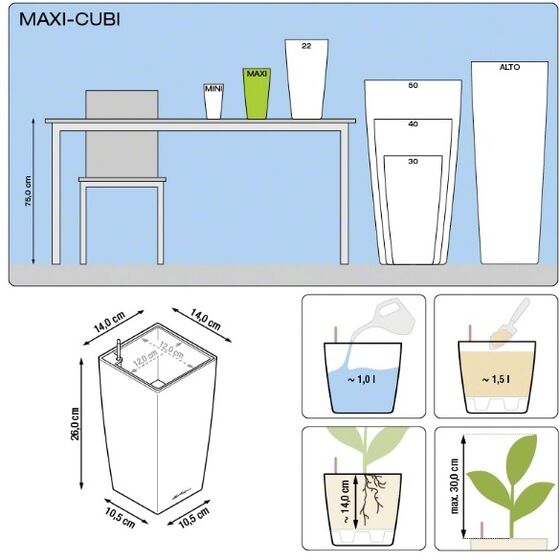 LECHUZA Maxi-Cubi Επιτραπέζια Γλάστρα 14x14x26cm Αυτοποτιζόμενη με Δοχείο Φύτευσης ΓΚΡΙ-ΚΑΦΕ Γερμανίας