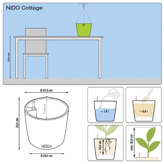 LECHUZA Nido Cottage Κρεμαστή Γλάστρα Ø27x23cm Στρογγυλή Αυτοποτιζόμενη με Δοχείο Φύτευσης Ανοξείδωτο Αξεσουάρ Κρέμασης ΚΑΦΕ-ΜΟΚΑ Γερμανίας