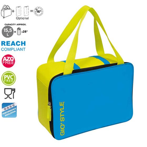 GIOSTYLE Ιταλίας Ισοθερμική Τσάντα 36x15x26cm Πάχος 6mm 15.5lt Πολυεστέρας 300D MAX Απόδοση 16 Ώρες Πιστοποιήσεις Azo FREE/REACH LIME COOLBAG Μπλε-Κίτρινο