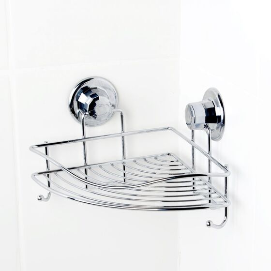 TEKNO-TEL Γωνιακή Ραφιέρα Μπάνιου 29x21x16cm Πάχος 7mm Αντοχή 12kg Επιχρωμιωμένο Ατσάλι με Βεντούζα EXTRA STRONG