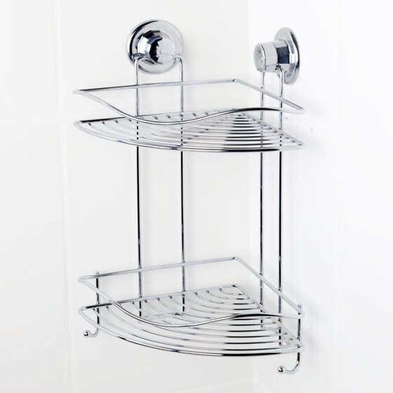TEKNO-TEL Γωνιακή Ραφιέρα Μπάνιου 2όροφη 29.5x21x40cm Πάχος 7mm Αντοχή 12kg Επιχρωμιωμένο Ατσάλι με Βεντούζα EXTRA STRONG