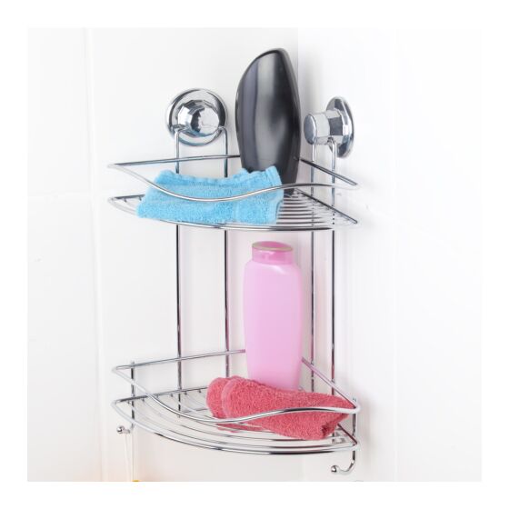 TEKNO-TEL Γωνιακή Ραφιέρα Μπάνιου 2όροφη 29.5x21x40cm Πάχος 7mm Αντοχή 12kg Επιχρωμιωμένο Ατσάλι με Βεντούζα EXTRA STRONG