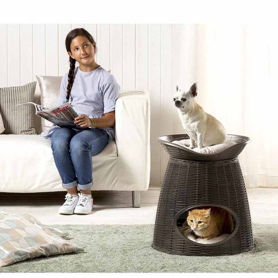 BAMA ITALY Διπλό Κρεβατάκι Γάτας-Σκαμπό 52x50x55cm RATTAN + 2 Μαξιλάρια PASHA Γκρί-Καφέ