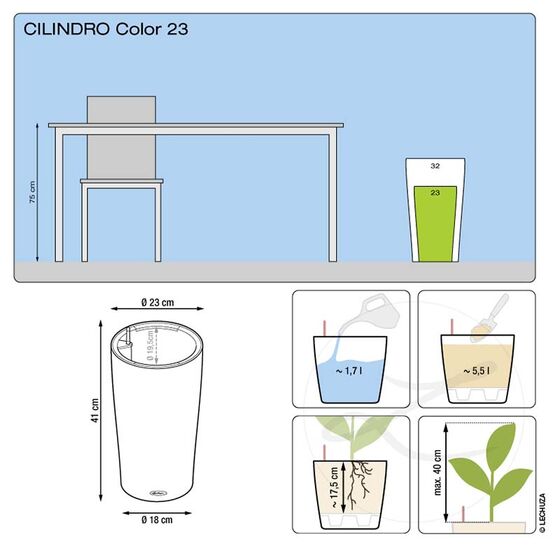 LECHUZA CILINDRO 32 Επιδαπέδια Γλάστρα Ø32x56cm Αυτοποτιζόμενη με Δοχείο Φύτευσης Ανθρακί Γερμανίας